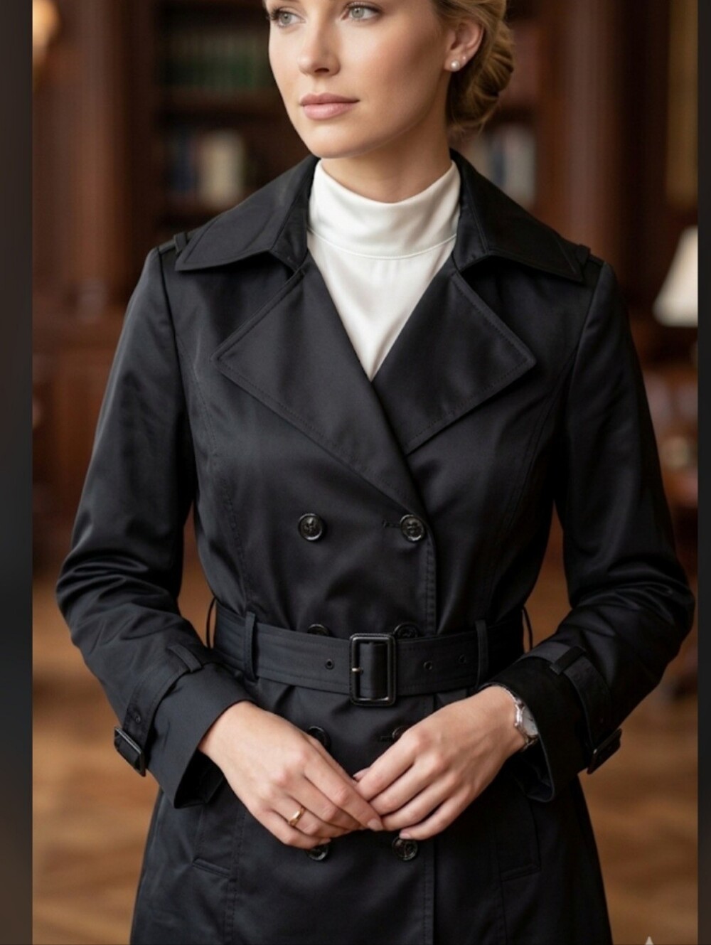 New York & Company Black Double-Breasted Belted Trench Jacket